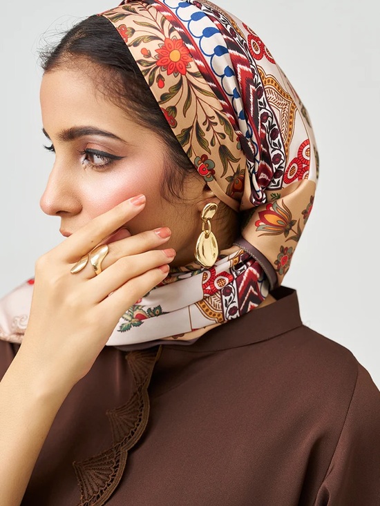 Accessories - Silk Satin Floral Pattern Scarf / Wrap in Beige and Red